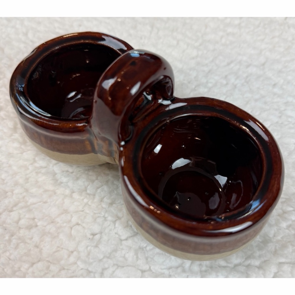 (VTG) Brown/Tan Ceramic Double Condiment Caddy Dish with Spoon - Picture 10 of 15